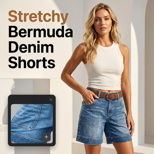 Short en Jean Bermuda Taille Mi-Haute pour Femme avec Poches