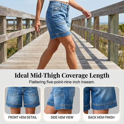 Short en Jean Bermuda Taille Mi-Haute pour Femme avec Poches