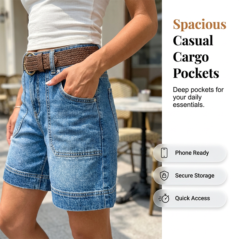 Short en Jean Bermuda Taille Mi-Haute pour Femme avec Poches
