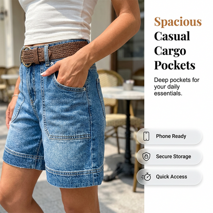 Short en Jean Bermuda Taille Mi-Haute pour Femme avec Poches