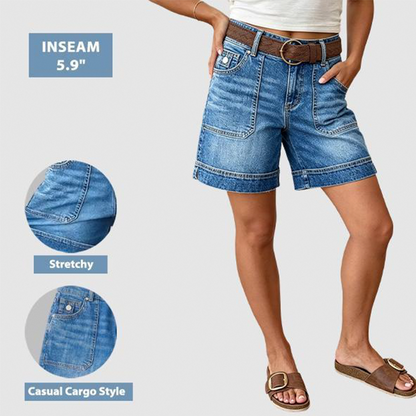 Short en Jean Bermuda Taille Mi-Haute pour Femme avec Poches