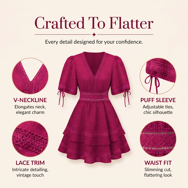 Robe à volants étagés en dentelle et col en V pour femme