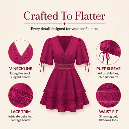 Robe à volants étagés en dentelle et col en V pour femme