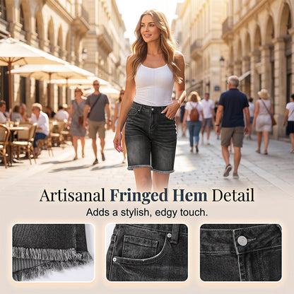🩳 PROMO LIMITÉE -50% ! 🔥 Short Jean Taille Haute à Franges – Denim Stretch Premium, Ourlet Boho Artisanal, 2 Coloris, Tailles S-3XL ✨🌸
