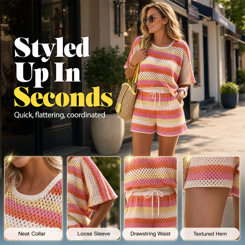 ⏳Offre limitée à -50 %⏰Ensemble de détente rayé colorblock pour femme👚🩳