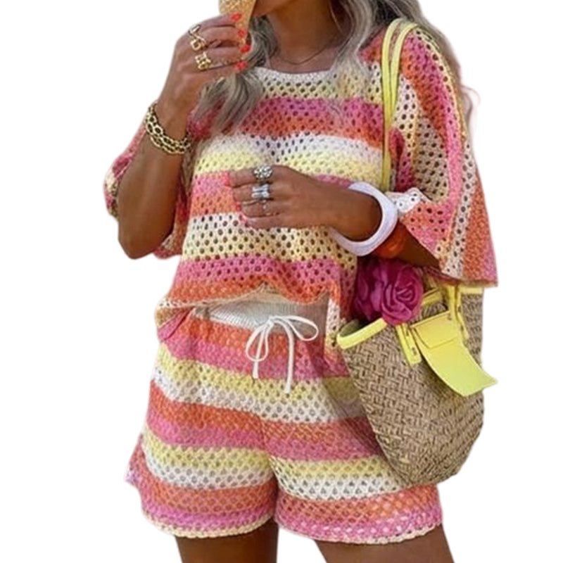 ⏳Offre limitée à -50 %⏰Ensemble de détente rayé colorblock pour femme👚🩳