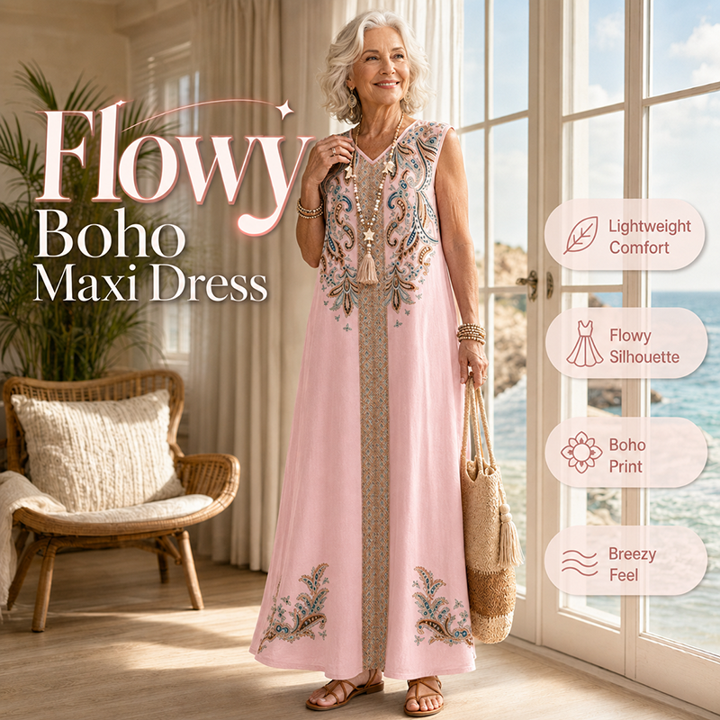 🎐 Robe longue fluide à imprimé bohème ✨ À associer à un chapeau de soleil à large bord en osier et à des sandales de plage plates pour un look bohème décontracté, idéal pour les vacances ! ✨