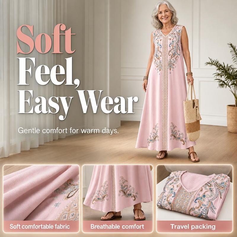 🎐 Robe longue fluide à imprimé bohème ✨ À associer à un chapeau de soleil à large bord en osier et à des sandales de plage plates pour un look bohème décontracté, idéal pour les vacances ! ✨