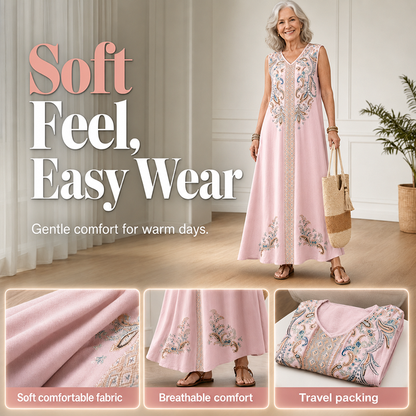 🎐 Robe longue fluide à imprimé bohème ✨ À associer à un chapeau de soleil à large bord en osier et à des sandales de plage plates pour un look bohème décontracté, idéal pour les vacances ! ✨