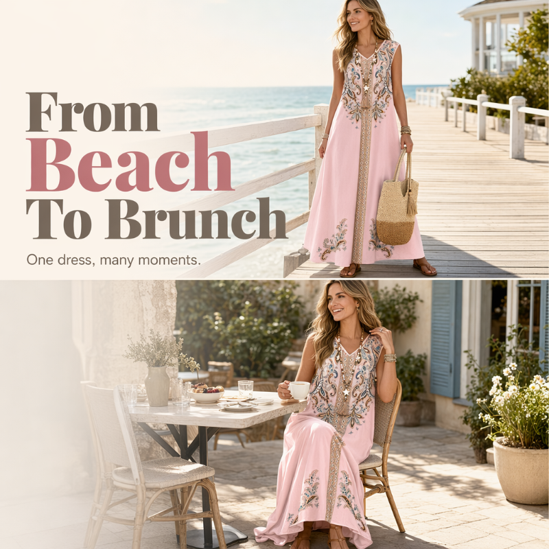🎐 Robe longue fluide à imprimé bohème ✨ À associer à un chapeau de soleil à large bord en osier et à des sandales de plage plates pour un look bohème décontracté, idéal pour les vacances ! ✨