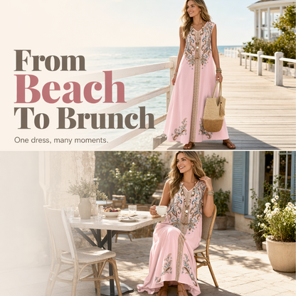 🎐 Robe longue fluide à imprimé bohème ✨ À associer à un chapeau de soleil à large bord en osier et à des sandales de plage plates pour un look bohème décontracté, idéal pour les vacances ! ✨
