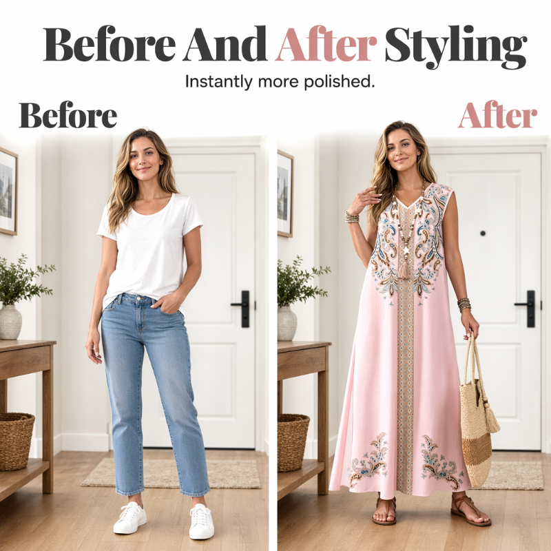 🎐 Robe longue fluide à imprimé bohème ✨ À associer à un chapeau de soleil à large bord en osier et à des sandales de plage plates pour un look bohème décontracté, idéal pour les vacances ! ✨