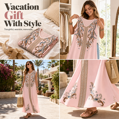 🎐 Robe longue fluide à imprimé bohème ✨ À associer à un chapeau de soleil à large bord en osier et à des sandales de plage plates pour un look bohème décontracté, idéal pour les vacances ! ✨