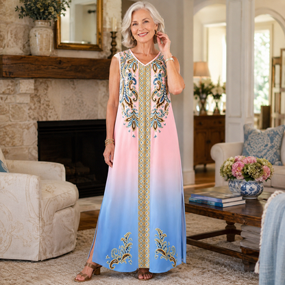 🎐 Robe longue fluide à imprimé bohème ✨ À associer à un chapeau de soleil à large bord en osier et à des sandales de plage plates pour un look bohème décontracté, idéal pour les vacances ! ✨