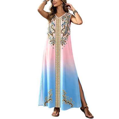 🎐 Robe longue fluide à imprimé bohème ✨ À associer à un chapeau de soleil à large bord en osier et à des sandales de plage plates pour un look bohème décontracté, idéal pour les vacances ! ✨