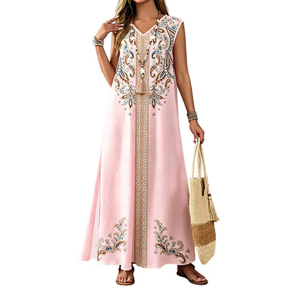 🎐 Robe longue fluide à imprimé bohème ✨ À associer à un chapeau de soleil à large bord en osier et à des sandales de plage plates pour un look bohème décontracté, idéal pour les vacances ! ✨