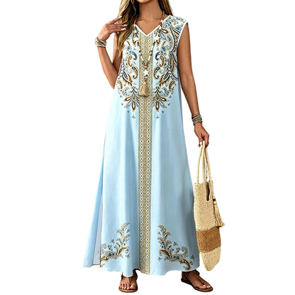 🎐 Robe longue fluide à imprimé bohème ✨ À associer à un chapeau de soleil à large bord en osier et à des sandales de plage plates pour un look bohème décontracté, idéal pour les vacances ! ✨