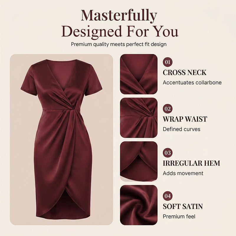 🔥Nouveautés et offres spéciales - Robe portefeuille asymétrique à col en V et manches courtes pour femme