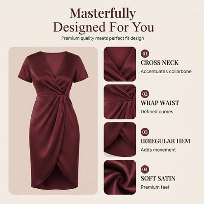 🔥Nouveautés et offres spéciales - Robe portefeuille asymétrique à col en V et manches courtes pour femme