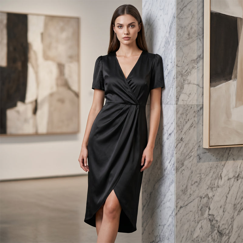 🔥Nouveautés et offres spéciales - Robe portefeuille asymétrique à col en V et manches courtes pour femme