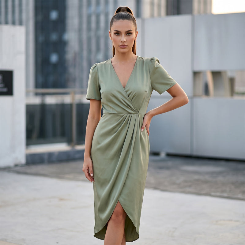 🔥Nouveautés et offres spéciales - Robe portefeuille asymétrique à col en V et manches courtes pour femme