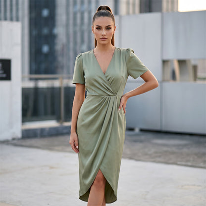 🔥Nouveautés et offres spéciales - Robe portefeuille asymétrique à col en V et manches courtes pour femme