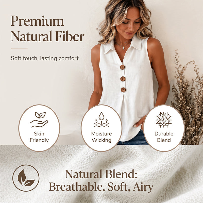 👔 Haut Sans Manches Femme Col Chemise en Tissu Lin Coton avec Boutons Bois – Blouse Décontractée Respirante Été