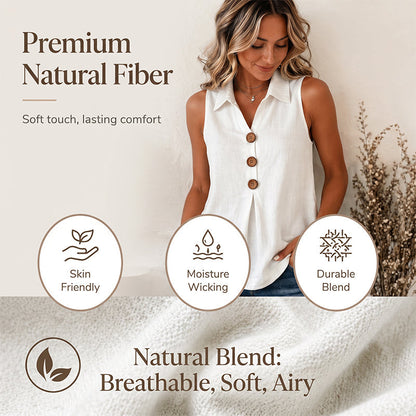 👔 Haut Sans Manches Femme Col Chemise en Tissu Lin Coton avec Boutons Bois – Blouse Décontractée Respirante Été