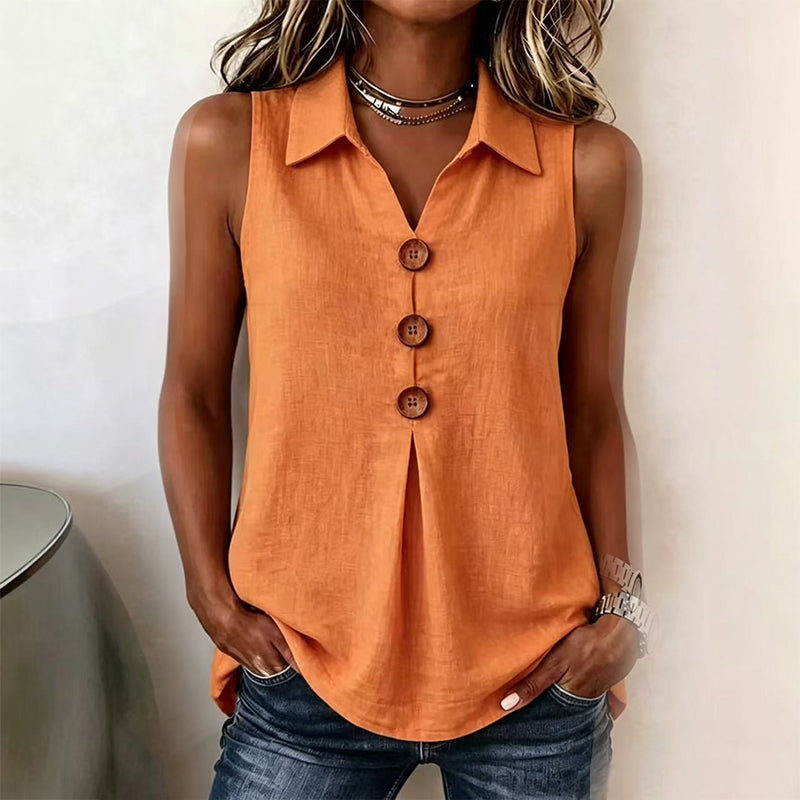👔 Haut Sans Manches Femme Col Chemise en Tissu Lin Coton avec Boutons Bois – Blouse Décontractée Respirante Été