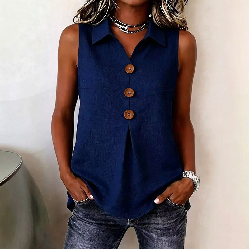 👔 Haut Sans Manches Femme Col Chemise en Tissu Lin Coton avec Boutons Bois – Blouse Décontractée Respirante Été