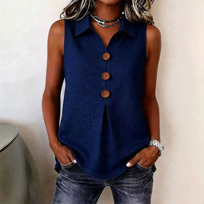 👔 Haut Sans Manches Femme Col Chemise en Tissu Lin Coton avec Boutons Bois – Blouse Décontractée Respirante Été