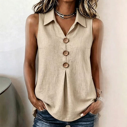 👔 Haut Sans Manches Femme Col Chemise en Tissu Lin Coton avec Boutons Bois – Blouse Décontractée Respirante Été