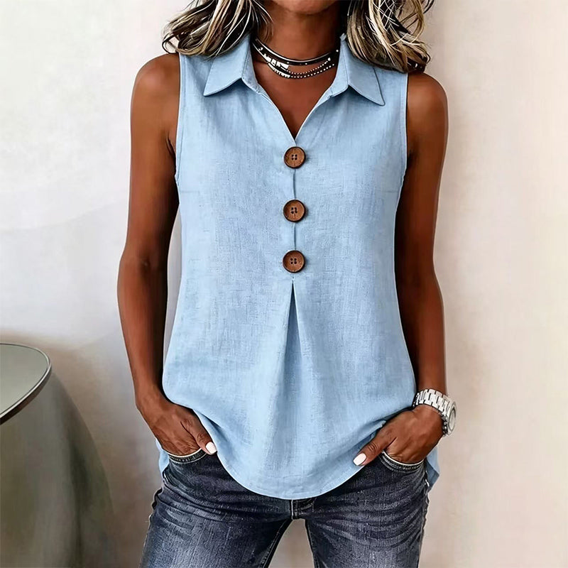 👔 Haut Sans Manches Femme Col Chemise en Tissu Lin Coton avec Boutons Bois – Blouse Décontractée Respirante Été