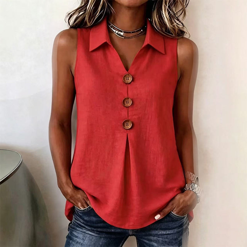 👔 Haut Sans Manches Femme Col Chemise en Tissu Lin Coton avec Boutons Bois – Blouse Décontractée Respirante Été