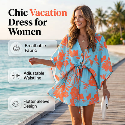 🌺 Robe courte de vacances pour femme, col V, fermeture boutonnée sur le devant, manches bouffantes, taille ajustable par cordon, tissu léger