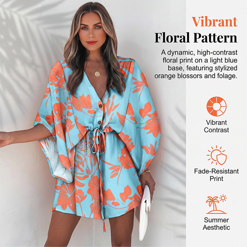 🌺 Robe courte de vacances pour femme, col V, fermeture boutonnée sur le devant, manches bouffantes, taille ajustable par cordon, tissu léger