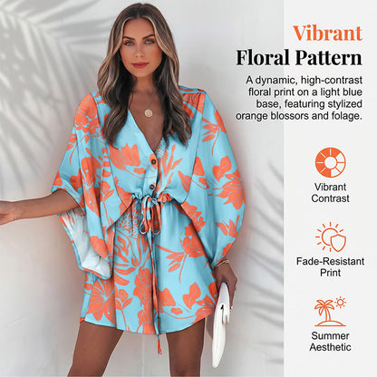 🌺 Robe courte de vacances pour femme, col V, fermeture boutonnée sur le devant, manches bouffantes, taille ajustable par cordon, tissu léger