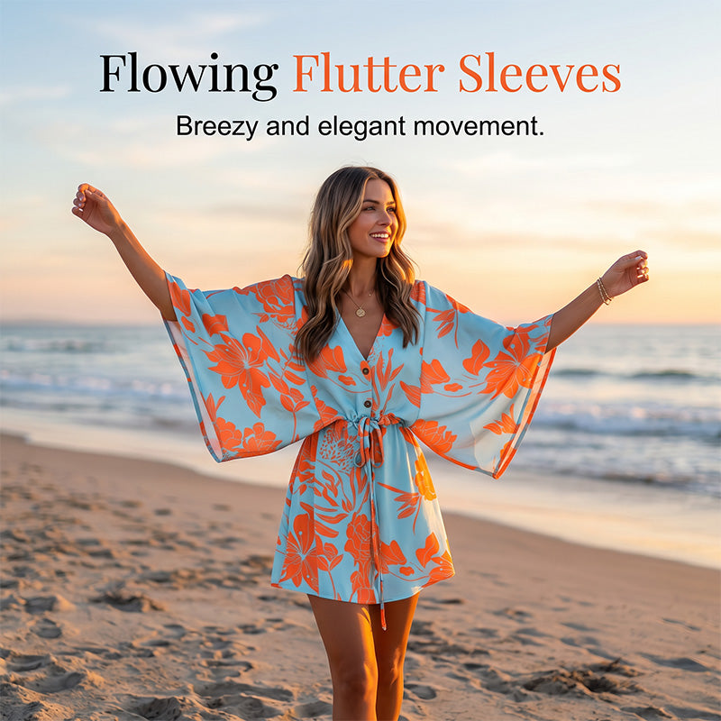 🌺 Robe courte de vacances pour femme, col V, fermeture boutonnée sur le devant, manches bouffantes, taille ajustable par cordon, tissu léger