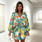 🌺 Robe courte de vacances pour femme, col V, fermeture boutonnée sur le devant, manches bouffantes, taille ajustable par cordon, tissu léger