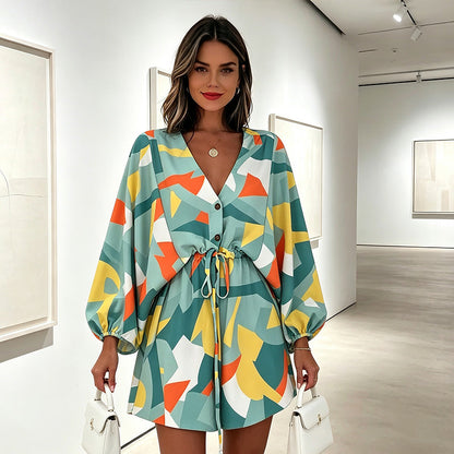 🌺 Robe courte de vacances pour femme, col V, fermeture boutonnée sur le devant, manches bouffantes, taille ajustable par cordon, tissu léger
