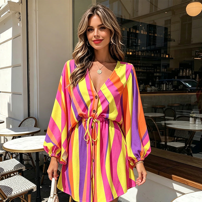 🌺 Robe courte de vacances pour femme, col V, fermeture boutonnée sur le devant, manches bouffantes, taille ajustable par cordon, tissu léger