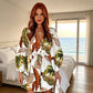 🌺 Robe courte de vacances pour femme, col V, fermeture boutonnée sur le devant, manches bouffantes, taille ajustable par cordon, tissu léger
