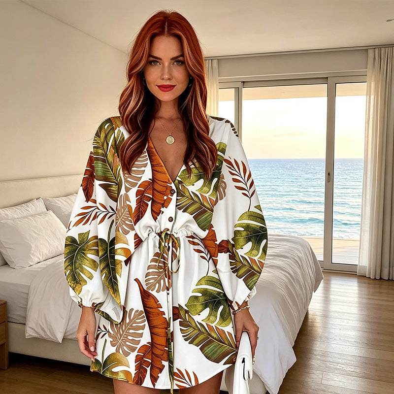 🌺 Robe courte de vacances pour femme, col V, fermeture boutonnée sur le devant, manches bouffantes, taille ajustable par cordon, tissu léger