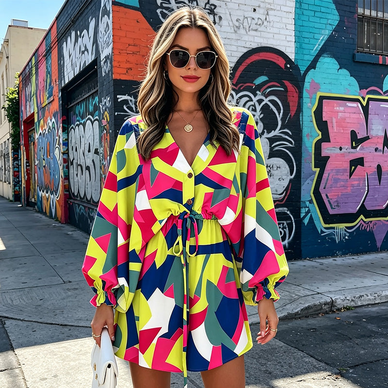 🌺 Robe courte de vacances pour femme, col V, fermeture boutonnée sur le devant, manches bouffantes, taille ajustable par cordon, tissu léger