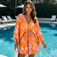 🌺 Robe courte de vacances pour femme, col V, fermeture boutonnée sur le devant, manches bouffantes, taille ajustable par cordon, tissu léger