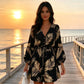 🌺 Robe courte de vacances pour femme, col V, fermeture boutonnée sur le devant, manches bouffantes, taille ajustable par cordon, tissu léger