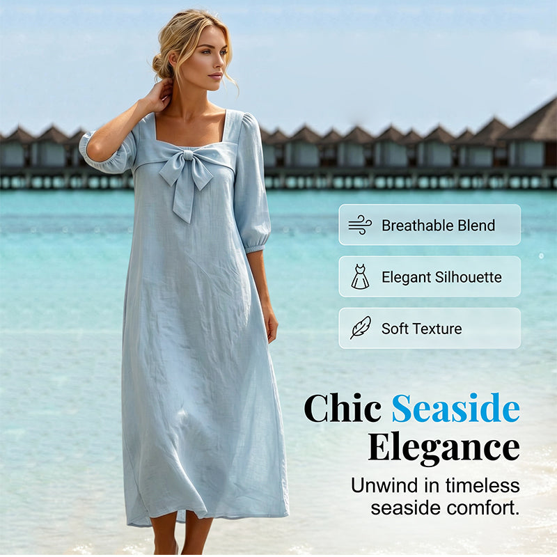 Robe midi décontractée unie, avec un nœud élégant et un décolleté carré