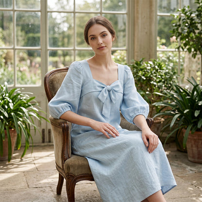 Robe midi décontractée unie, avec un nœud élégant et un décolleté carré