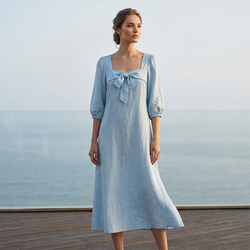 Robe midi décontractée unie, avec un nœud élégant et un décolleté carré