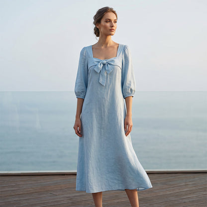Robe midi décontractée unie, avec un nœud élégant et un décolleté carré
